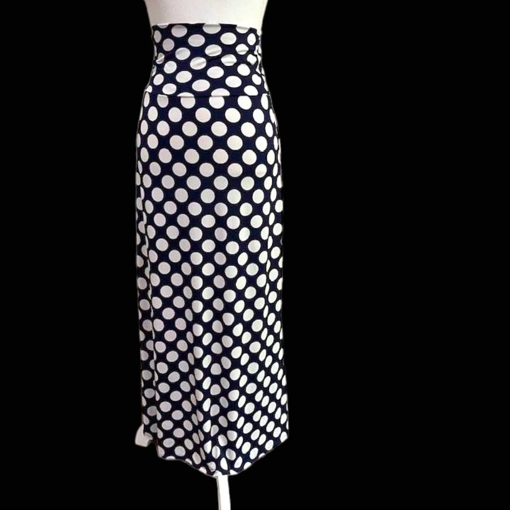 Maxi Polka Dots Stretchy Fold Over Skirt or Strapless Dress - navy/white…